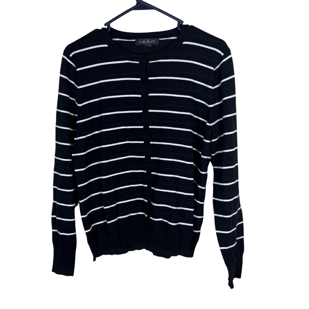 August Silk Womens Black White Striped Button Front Crew Neck Cardigan Sweater L